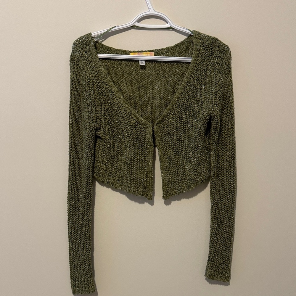 Urban Outfitters Olive Green Cropped Open-Knit Cardigan